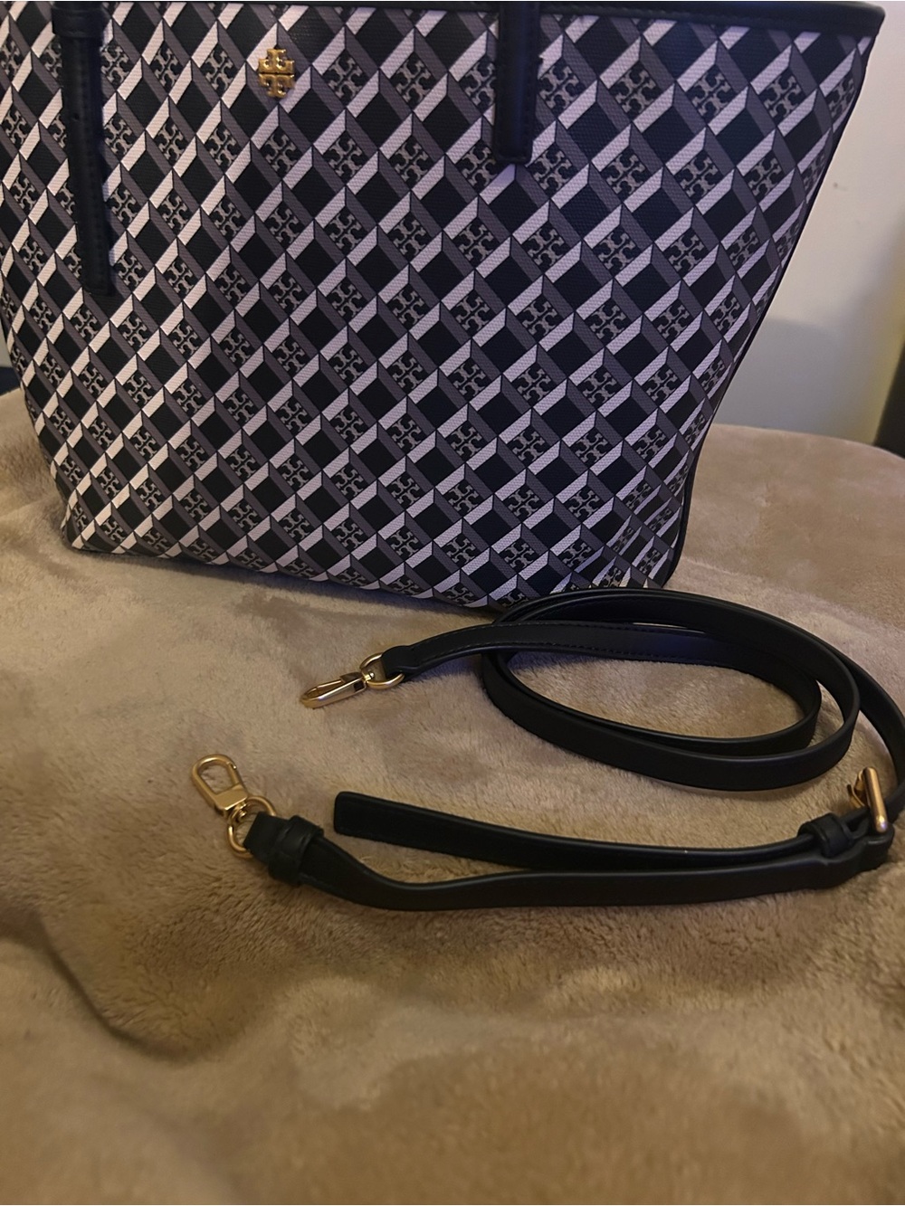 Tory Burch Black & White Diamond Logo Tote with Gold Hardware